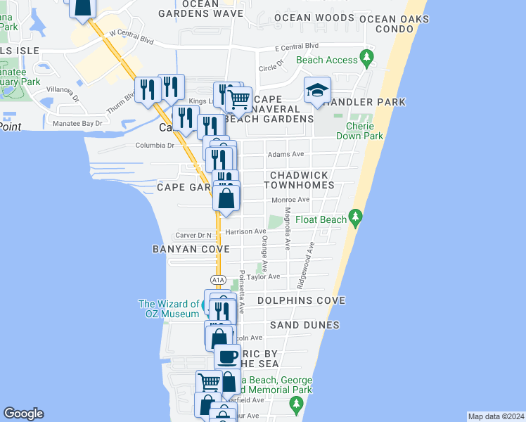 map of restaurants, bars, coffee shops, grocery stores, and more near 232 Jackson Avenue in Cape Canaveral