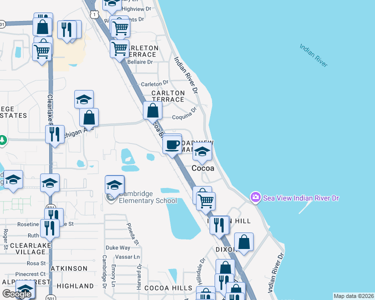 map of restaurants, bars, coffee shops, grocery stores, and more near 212 Beverly Road in Cocoa