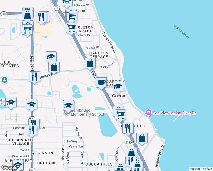 map of restaurants, bars, coffee shops, grocery stores, and more near 212 Beverly Road in Cocoa