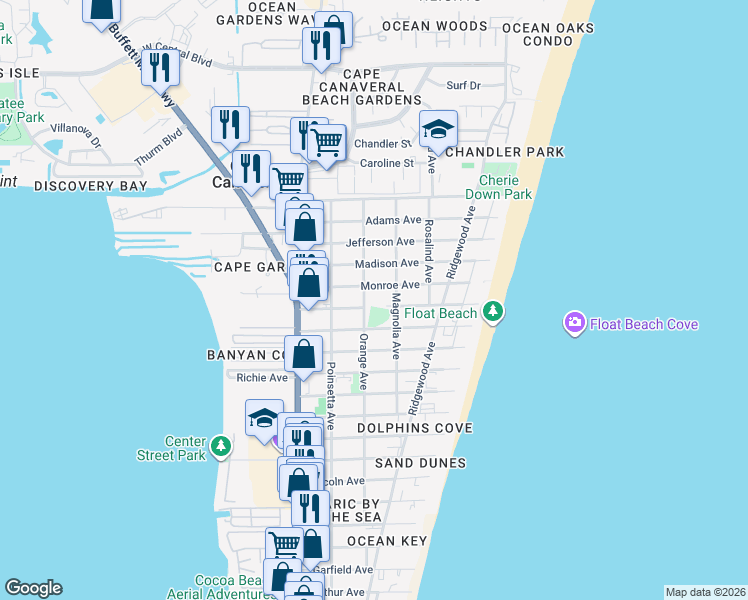 map of restaurants, bars, coffee shops, grocery stores, and more near 7920 Orange Avenue in Cape Canaveral