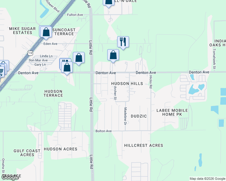 map of restaurants, bars, coffee shops, grocery stores, and more near 15821 Archer Street in Hudson
