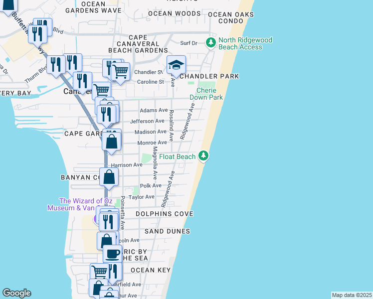 map of restaurants, bars, coffee shops, grocery stores, and more near 550 Jackson Avenue in Cape Canaveral