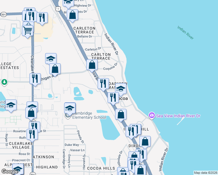 map of restaurants, bars, coffee shops, grocery stores, and more near 212 Beverly Road in Cocoa