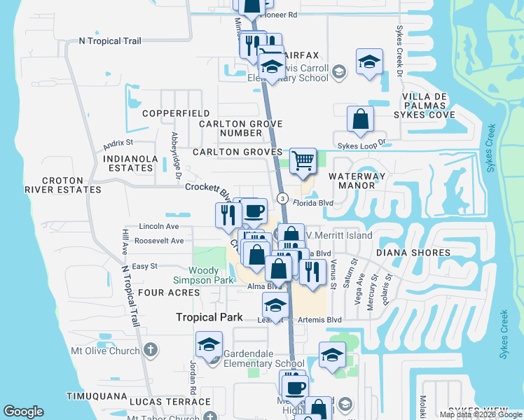 map of restaurants, bars, coffee shops, grocery stores, and more near 1775 Meadows Ct in Merritt Island