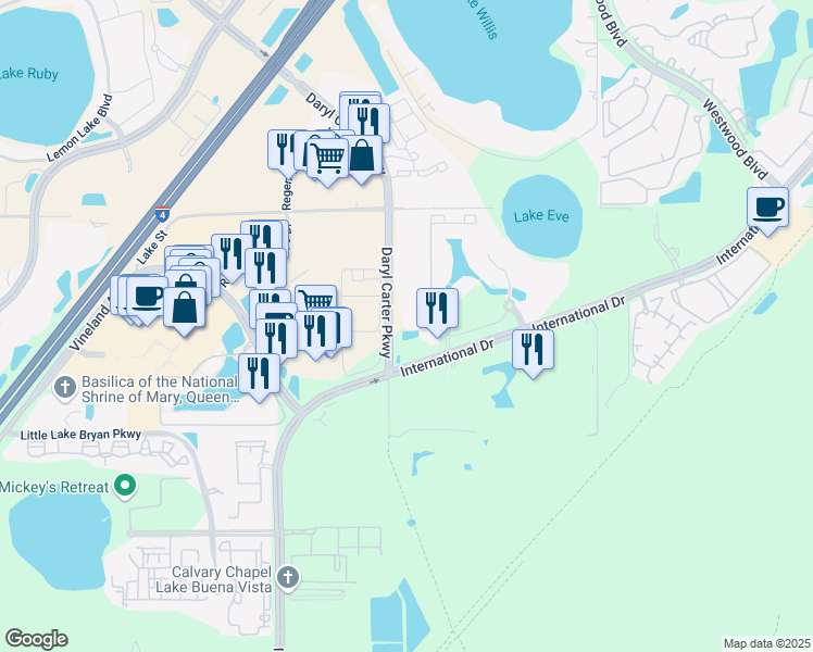 map of restaurants, bars, coffee shops, grocery stores, and more near 5156 International Drive in Orlando