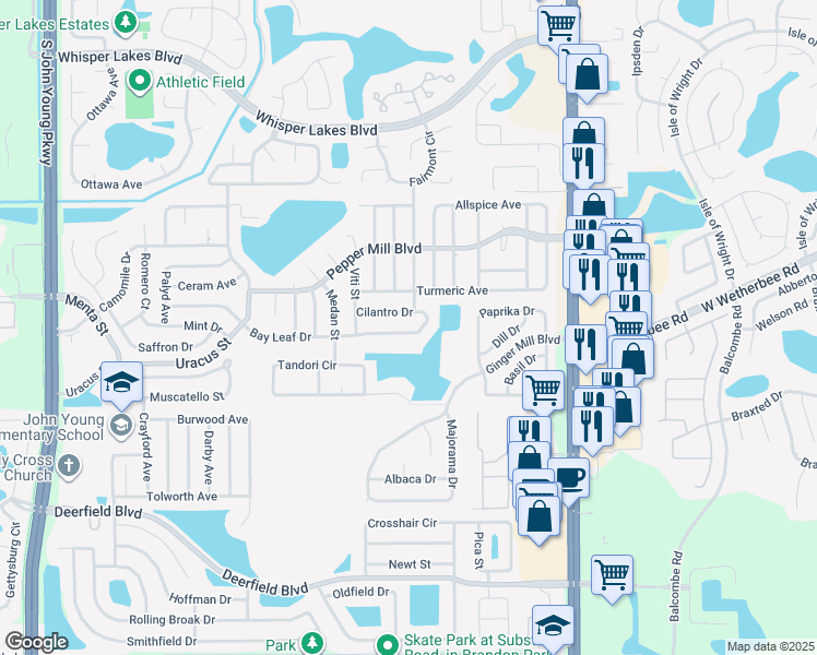map of restaurants, bars, coffee shops, grocery stores, and more near 2307 Bay Leaf Drive in Orlando