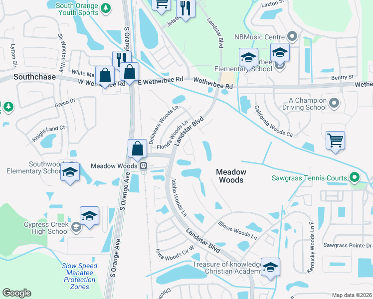 map of restaurants, bars, coffee shops, grocery stores, and more near 12254 Augusta Woods Circle in Orlando