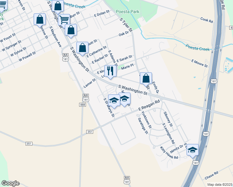 map of restaurants, bars, coffee shops, grocery stores, and more near 1700 Mayfair Drive in Beeville