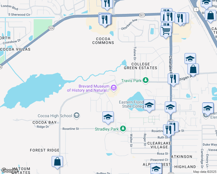 map of restaurants, bars, coffee shops, grocery stores, and more near 2222 Michigan Avenue in Cocoa