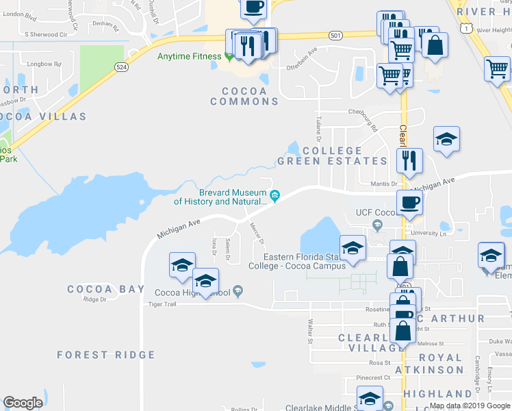 map of restaurants, bars, coffee shops, grocery stores, and more near 2222 Michigan Avenue in Cocoa