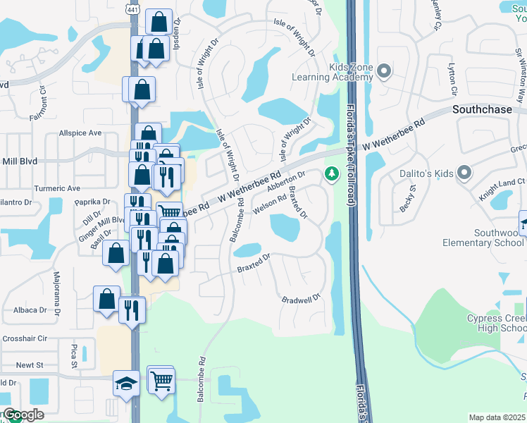 map of restaurants, bars, coffee shops, grocery stores, and more near 1434 Welson Road in Orlando