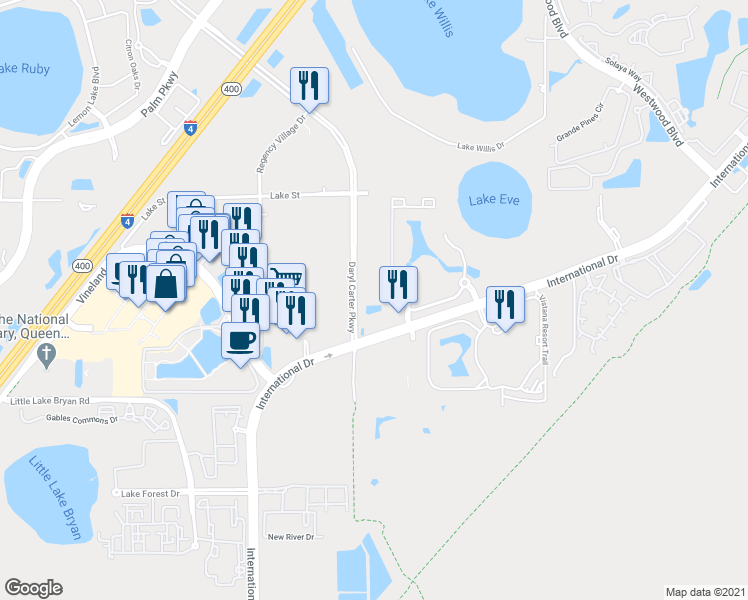 map of restaurants, bars, coffee shops, grocery stores, and more near 12556 Floridays Resort Drive in Orlando