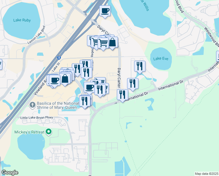 map of restaurants, bars, coffee shops, grocery stores, and more near 8145 Vineland Avenue in Orlando