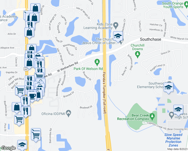 map of restaurants, bars, coffee shops, grocery stores, and more near 1226 Welson Road in Orlando