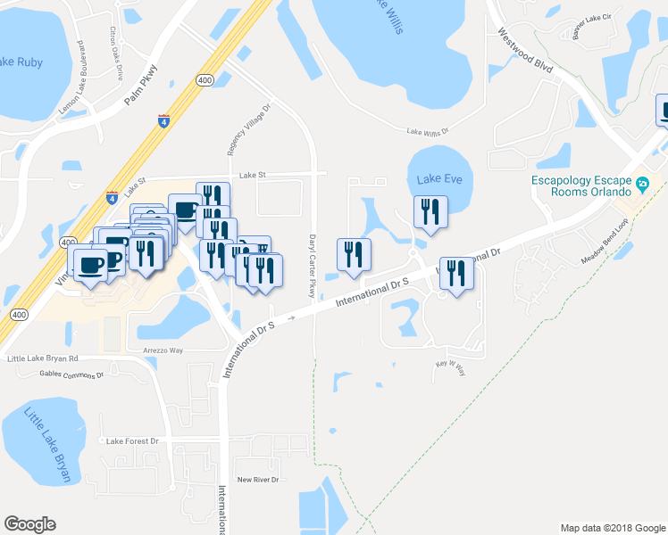 map of restaurants, bars, coffee shops, grocery stores, and more near 12556 Floridays Resort Drive in Orlando