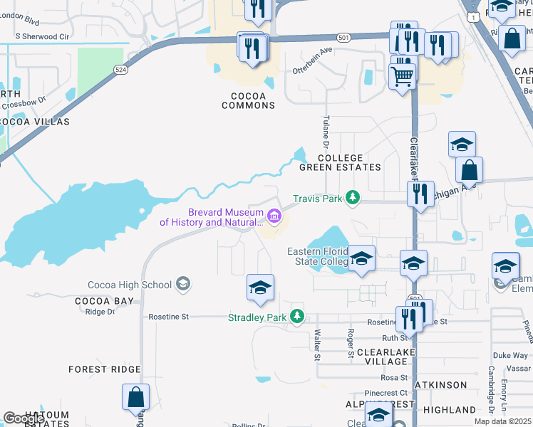 map of restaurants, bars, coffee shops, grocery stores, and more near 2515 Suwannee Drive in Cocoa