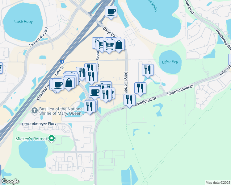 map of restaurants, bars, coffee shops, grocery stores, and more near 8145 Vineland Avenue in Orlando
