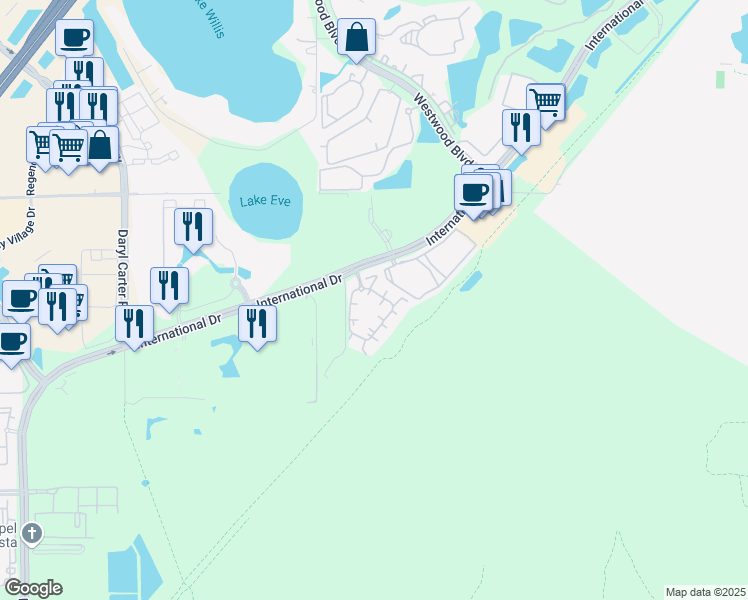 map of restaurants, bars, coffee shops, grocery stores, and more near 6613 Mission Club Boulevard in Orlando