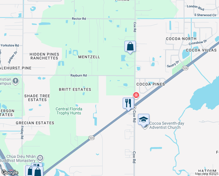 map of restaurants, bars, coffee shops, grocery stores, and more near 1840 Cox Road in Cocoa