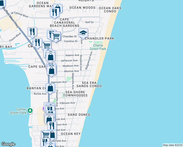 map of restaurants, bars, coffee shops, grocery stores, and more near 550 Jackson Avenue in Cape Canaveral