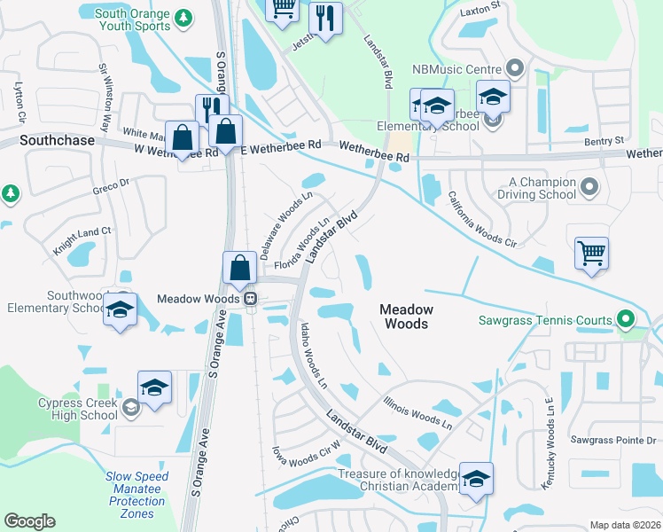 map of restaurants, bars, coffee shops, grocery stores, and more near 12254 Augusta Woods Circle in Orlando