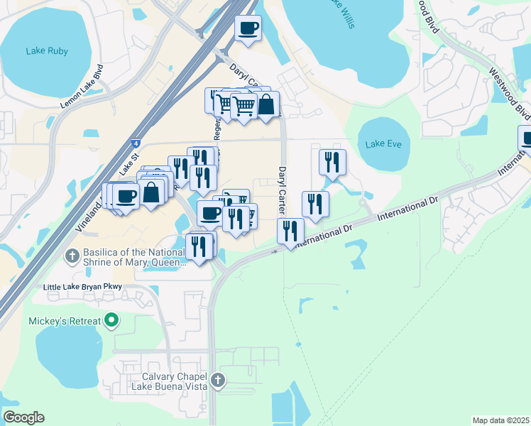 map of restaurants, bars, coffee shops, grocery stores, and more near 8145 Vineland Avenue in Orlando