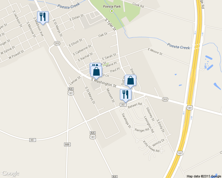 map of restaurants, bars, coffee shops, grocery stores, and more near 1800 South Washington Street in Beeville