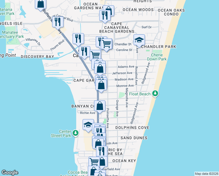 map of restaurants, bars, coffee shops, grocery stores, and more near 7805 Poinsetta Avenue in Cape Canaveral