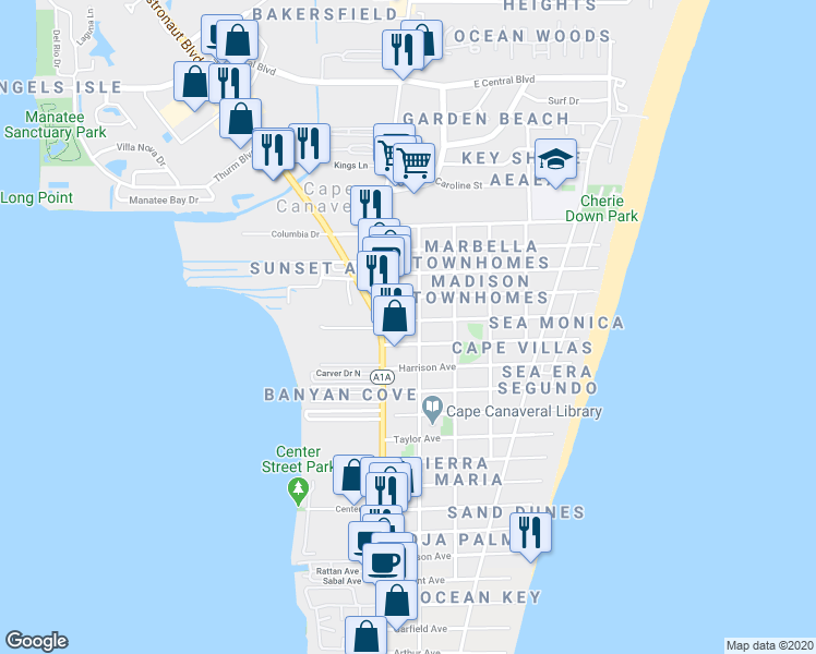 map of restaurants, bars, coffee shops, grocery stores, and more near 121 Monroe Avenue in Cape Canaveral