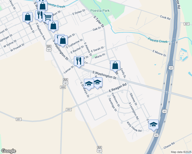 map of restaurants, bars, coffee shops, grocery stores, and more near 2000 Mussett Street in Beeville