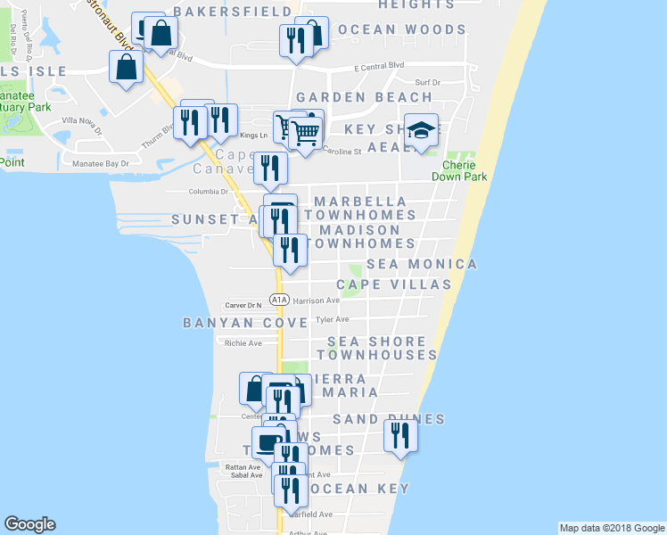 map of restaurants, bars, coffee shops, grocery stores, and more near 7920 Orange Avenue in Cape Canaveral
