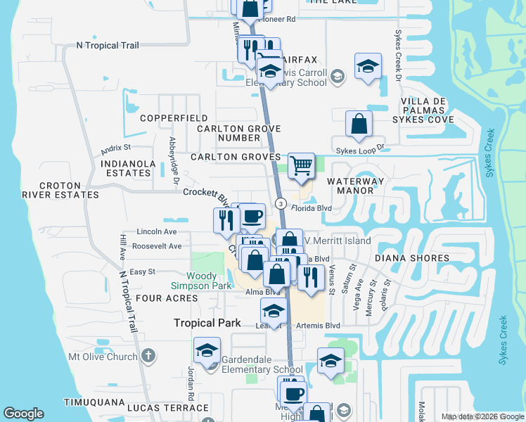 map of restaurants, bars, coffee shops, grocery stores, and more near 1775 Meadows Court in Merritt Island