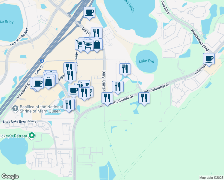 map of restaurants, bars, coffee shops, grocery stores, and more near 12556 Floridays Resort Drive in Orlando