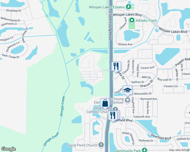 map of restaurants, bars, coffee shops, grocery stores, and more near 3160 Aqua Virgo Loop in Orlando