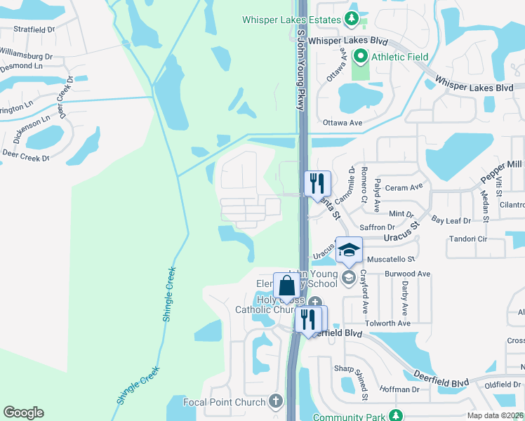 map of restaurants, bars, coffee shops, grocery stores, and more near 3160 Aqua Virgo Loop in Orlando