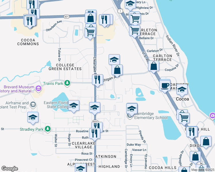 map of restaurants, bars, coffee shops, grocery stores, and more near 1802 University Lane in Cocoa