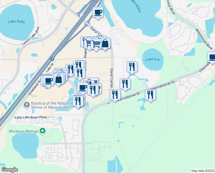 map of restaurants, bars, coffee shops, grocery stores, and more near 5156 International Drive in Orlando