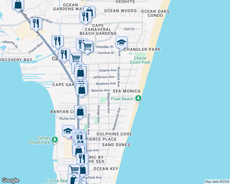 map of restaurants, bars, coffee shops, grocery stores, and more near 402 Jackson Avenue in Cape Canaveral