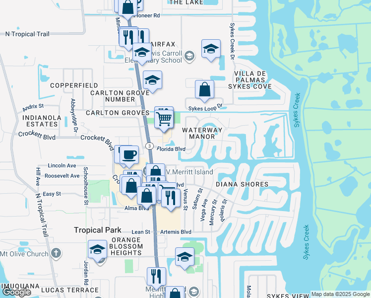 map of restaurants, bars, coffee shops, grocery stores, and more near 0 Florida Boulevard in Merritt Island
