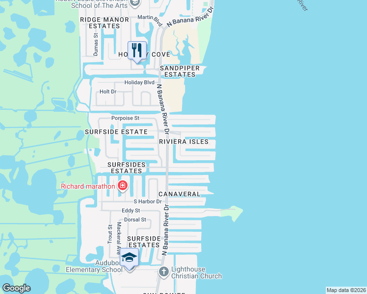 map of restaurants, bars, coffee shops, grocery stores, and more near 1655 South Shelter Trail in Merritt Island