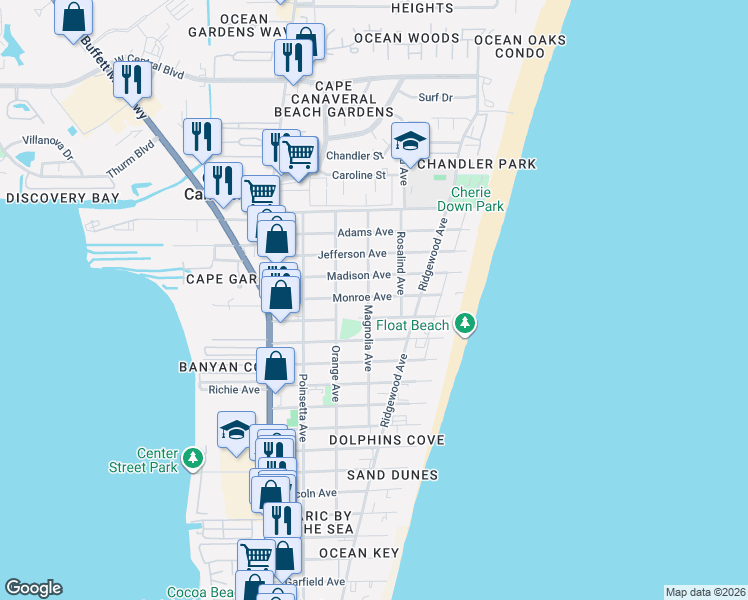 map of restaurants, bars, coffee shops, grocery stores, and more near 401 Monroe Avenue in Cape Canaveral