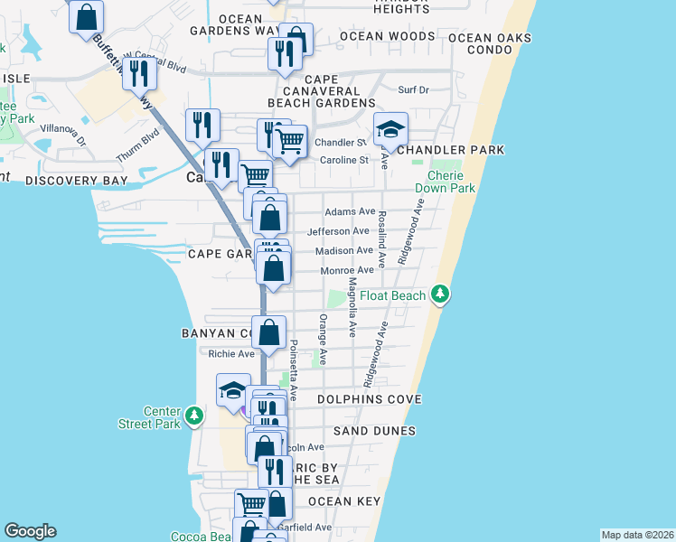 map of restaurants, bars, coffee shops, grocery stores, and more near 7920 Orange Avenue in Cape Canaveral