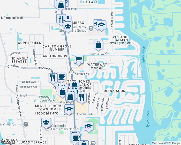map of restaurants, bars, coffee shops, grocery stores, and more near 15 Florida Boulevard in Merritt Island