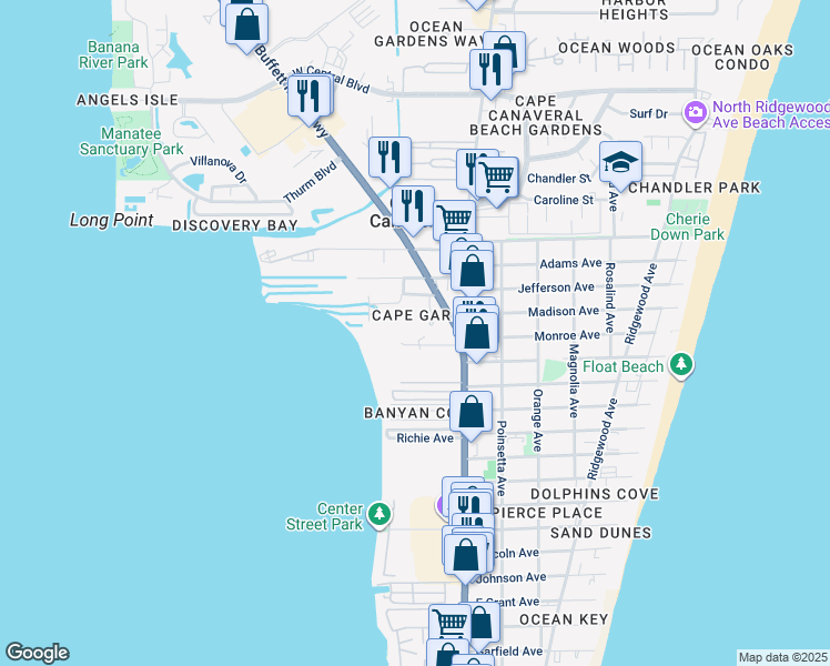 map of restaurants, bars, coffee shops, grocery stores, and more near 200 International Drive in Cape Canaveral