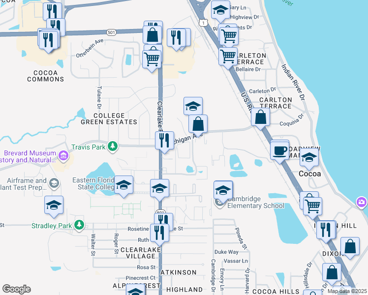 map of restaurants, bars, coffee shops, grocery stores, and more near 1802 University Lane in Cocoa