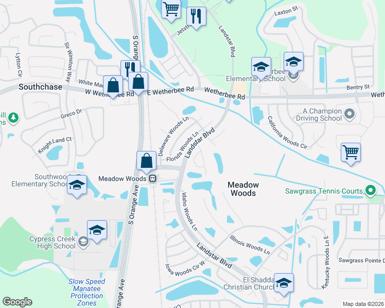 map of restaurants, bars, coffee shops, grocery stores, and more near 12254 Augusta Woods Circle in Orlando