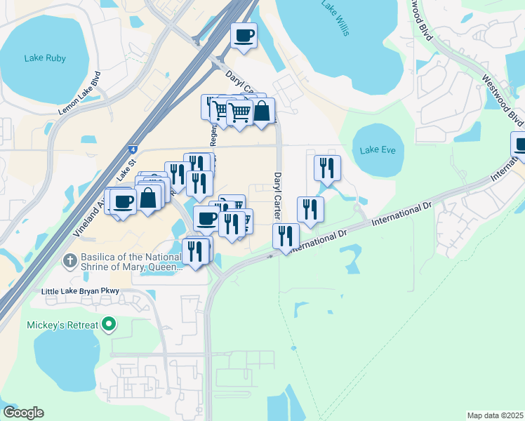 map of restaurants, bars, coffee shops, grocery stores, and more near 8145 Vineland Avenue in Orlando