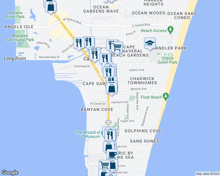 map of restaurants, bars, coffee shops, grocery stores, and more near 7900 North Atlantic Avenue in Cape Canaveral