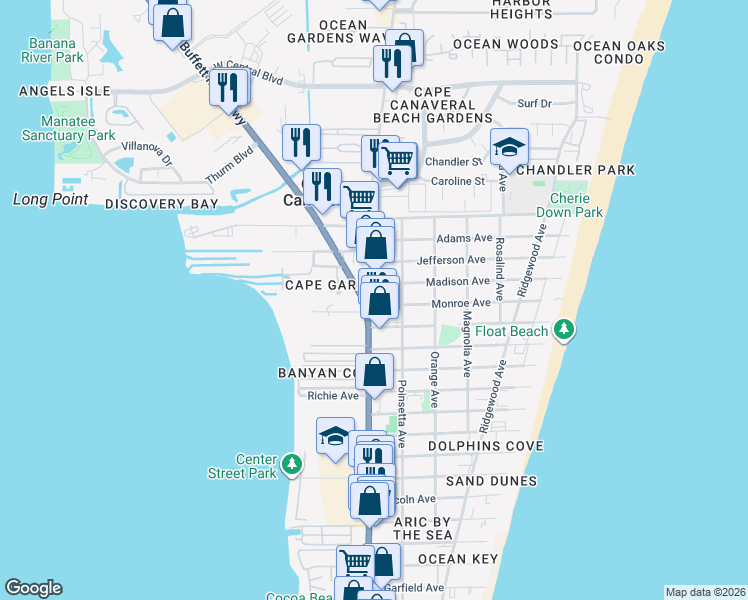 map of restaurants, bars, coffee shops, grocery stores, and more near 7900 North Atlantic Avenue in Cape Canaveral