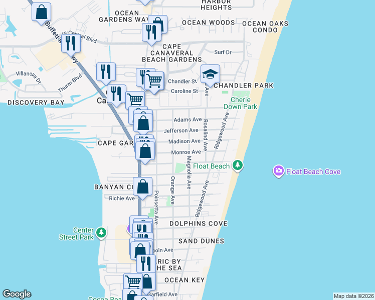 map of restaurants, bars, coffee shops, grocery stores, and more near 360 Monroe Avenue in Cape Canaveral